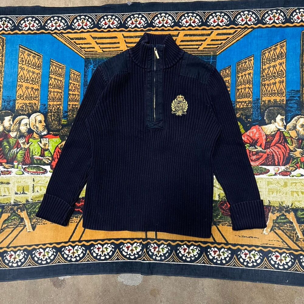 navy lauren polo Ralph Lauren quarter zip womens xl patch chunky knit ribbed y2k - Picture 7 of 7